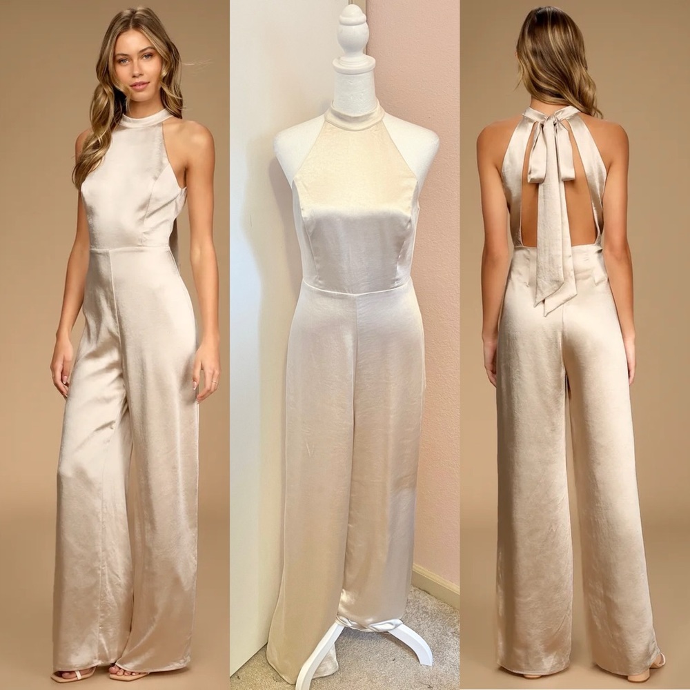 Elegant Love Champagne Satin Tie-Back Wide-Leg Jumpsuit